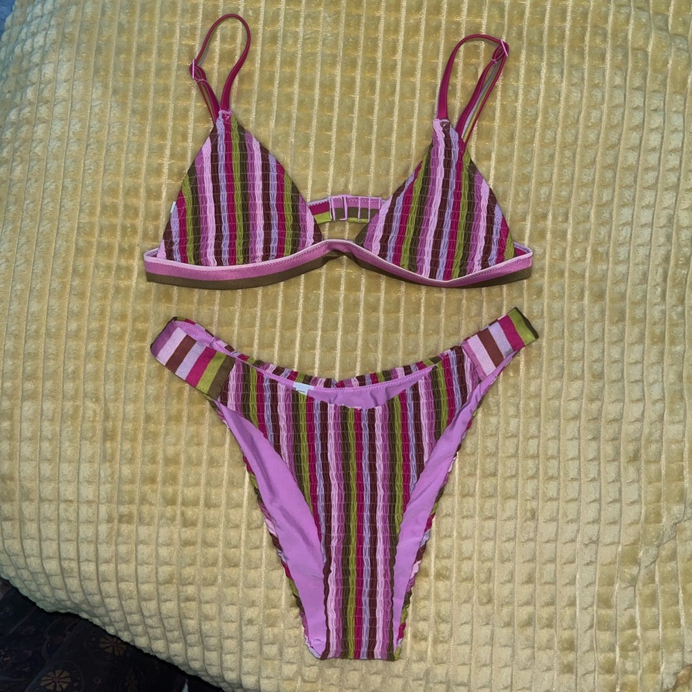 Pink Striped Aerie Cheeky Triangle Bikini Set NWOT